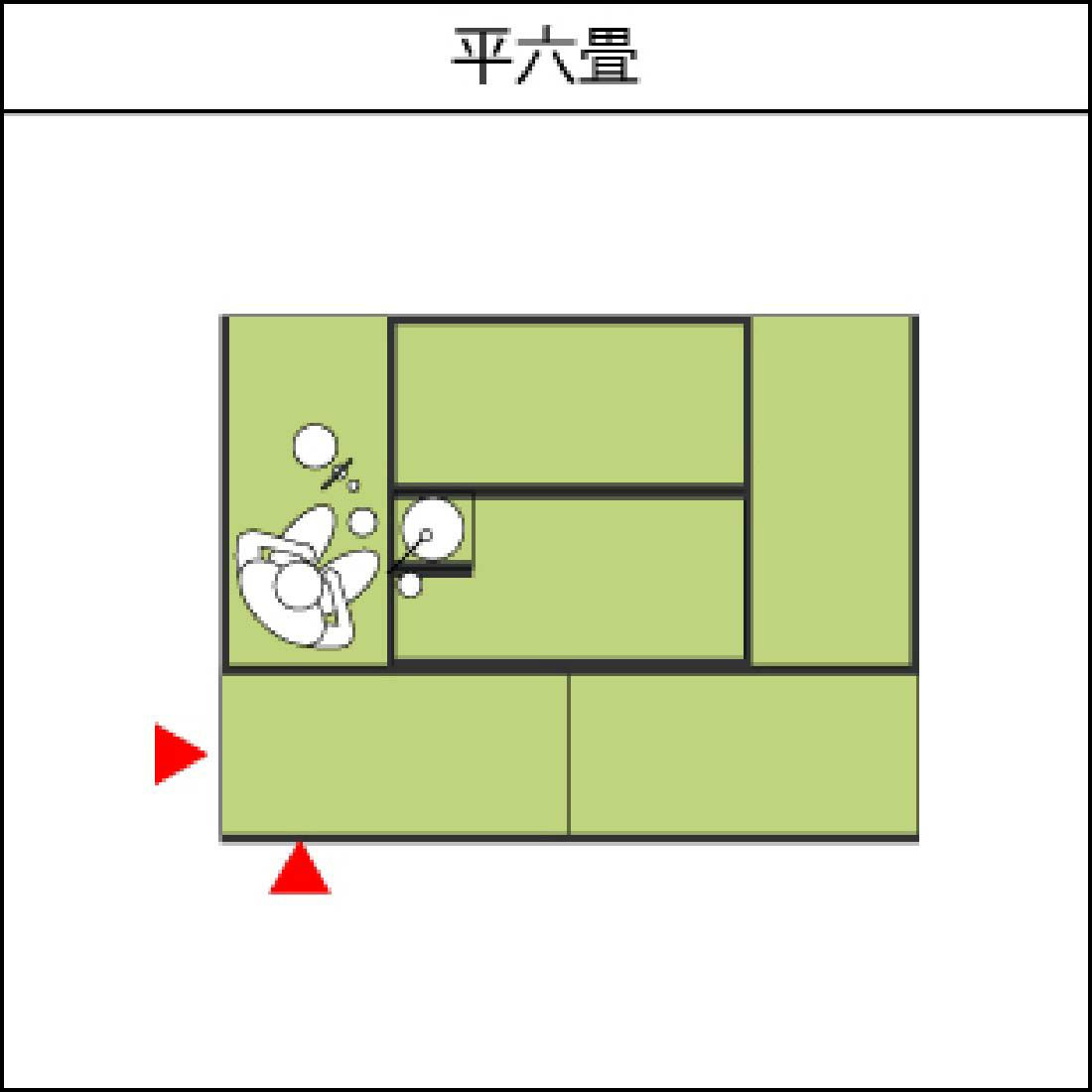  [茶の湯たたみ]　6畳のレイアウト（セット内容：丸畳5枚・炉畳ー畳（炉の位置 右）1枚・炉蓋畳1枚）